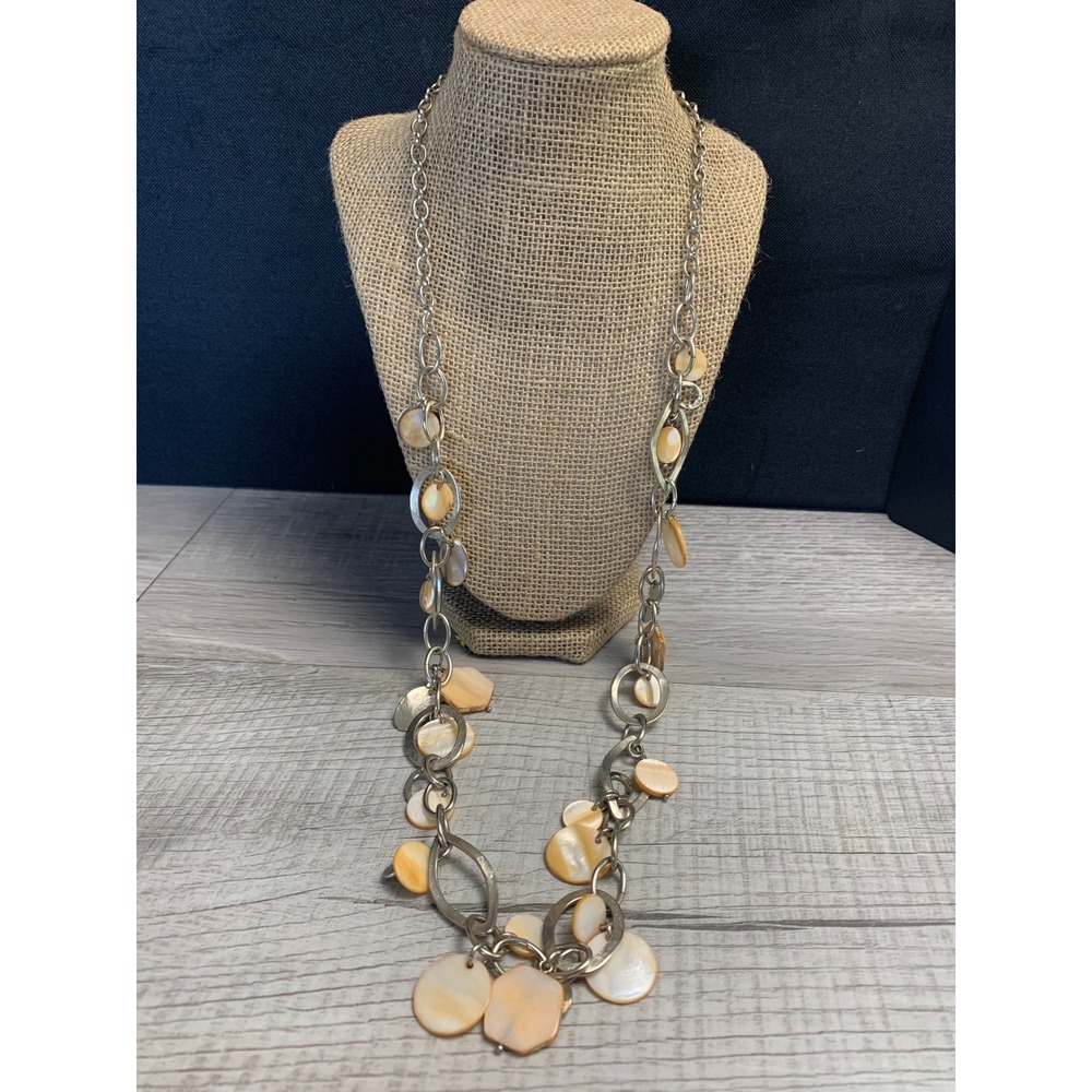 Chicos Silver Tone Mother of Pearl Shell Station Long Necklace 32 Inch 4502